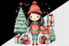 Watercolor cute adorable girl Christmas tree gift box Santa hat New Year 20 oz tumbler skinny mug wrap clipart t-shirt sublimation printable design