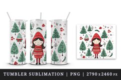 Watercolor cute adorable girl Christmas tree house New Year winter forest 20 oz tumbler skinny mug wrap clipart t-shirt sublimation printable design