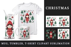 Watercolor cute adorable girl Christmas tree house New Year winter forest 20 oz tumbler skinny mug wrap clipart t-shirt sublimation printable design