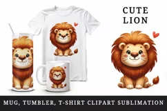 Watercolor cute adorable lion sitting with smile heart love valentine print 20 oz tumbler skinny mug wrap clipart t-shirt sublimation printable design