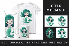 Watercolor cute adorable mermaid girl fantasy kawaii cartoon character print 20 oz tumbler skinny mug wrap clipart t-shirt sublimation printable design
