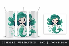 Watercolor cute adorable mermaid girl fantasy kawaii cartoon character print 20 oz tumbler skinny mug wrap clipart t-shirt sublimation printable design