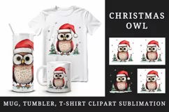 Watercolor cute adorable owl Christmas tree hat Santa Claus New Year 20 oz tumbler skinny mug wrap clipart t-shirt sublimation printable design