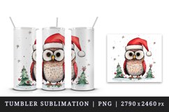 Watercolor cute adorable owl Christmas tree hat Santa Claus New Year 20 oz tumbler skinny mug wrap clipart t-shirt sublimation printable design