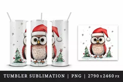 Watercolor cute adorable owl Christmas tree hat Santa Claus New Year 20 oz tumbler skinny mug wrap clipart t-shirt sublimation printable design