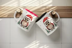Watercolor cute adorable owl Christmas tree hat Santa Claus New Year 20 oz tumbler skinny mug wrap clipart t-shirt sublimation printable design