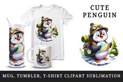 Watercolor cute adventurous penguin exploring with backpack and map print 20 oz tumbler skinny mug wrap clipart t-shirt sublimation printable design