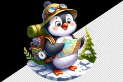 Watercolor cute adventurous penguin exploring with backpack and map print 20 oz tumbler skinny mug wrap clipart t-shirt sublimation printable design