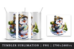 Watercolor cute adventurous penguin exploring with backpack and map print 20 oz tumbler skinny mug wrap clipart t-shirt sublimation printable design