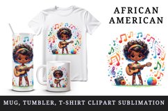 Watercolor cute African American woman girl playing guitar musical notes print tumbler skinny mug wrap clipart t-shirt sublimation printable design