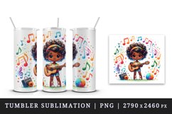 Watercolor cute African American woman girl playing guitar musical notes print tumbler skinny mug wrap clipart t-shirt sublimation printable design