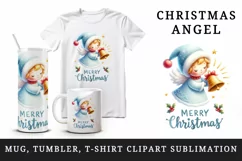 Watercolor cute angel Christmas bell Merry Christmas quote print 20 oz tumbler skinny mug wrap clipart t-shirt sublimation printable design
