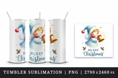Watercolor cute angel Christmas bell Merry Christmas quote print 20 oz tumbler skinny mug wrap clipart t-shirt sublimation printable design