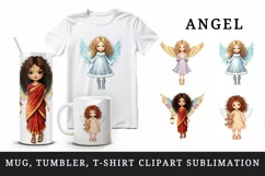 Watercolor cute angel girl with curly hair Christmas New Year winter print 20 oz tumbler skinny mug wrap clipart t-shirt sublimation printable design