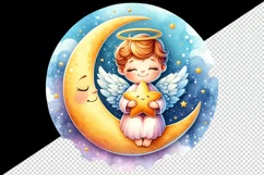 Watercolor cute angel sitting on crescent moon holding twinkling star print 20 oz tumbler skinny mug wrap clipart t-shirt sublimation printable design