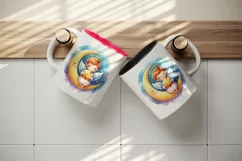 Watercolor cute angel sitting on crescent moon holding twinkling star print 20 oz tumbler skinny mug wrap clipart t-shirt sublimation printable design