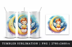 Watercolor cute angel sitting on crescent moon holding twinkling star print 20 oz tumbler skinny mug wrap clipart t-shirt sublimation printable design