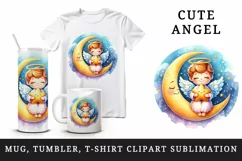 Watercolor cute angel sitting on crescent moon holding twinkling star print 20 oz tumbler skinny mug wrap clipart t-shirt sublimation printable design
