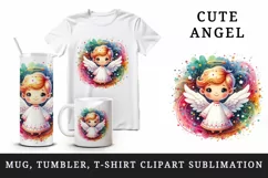Watercolor cute angel surrounded by swirl of colorful magical sparkles print 20oz tumbler skinny mug wrap clipart t-shirt sublimation printable design