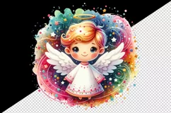 Watercolor cute angel surrounded by swirl of colorful magical sparkles print 20oz tumbler skinny mug wrap clipart t-shirt sublimation printable design