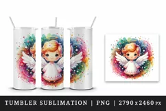 Watercolor cute angel surrounded by swirl of colorful magical sparkles print 20oz tumbler skinny mug wrap clipart t-shirt sublimation printable design