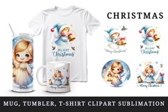 Watercolor cute angel with bells Merry Christmas quote New Year winter print 20oz tumbler skinny mug wrap clipart t-shirt sublimation printable design