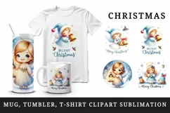 Watercolor cute angel with bells Merry Christmas quote New Year winter print 20oz tumbler skinny mug wrap clipart t-shirt sublimation printable design