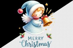 Watercolor cute angel with bells Merry Christmas quote New Year winter print 20oz tumbler skinny mug wrap clipart t-shirt sublimation printable design