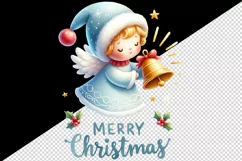 Watercolor cute angel with bells Merry Christmas quote New Year winter print 20oz tumbler skinny mug wrap clipart t-shirt sublimation printable design