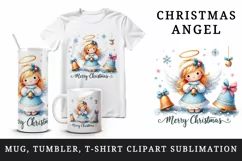 Watercolor cute angel with bells Merry Christmas quote print 20 oz tumbler skinny mug wrap clipart t-shirt sublimation printable design