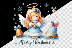 Watercolor cute angel with bells Merry Christmas quote print 20 oz tumbler skinny mug wrap clipart t-shirt sublimation printable design