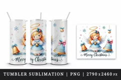 Watercolor cute angel with bells Merry Christmas quote print 20 oz tumbler skinny mug wrap clipart t-shirt sublimation printable design