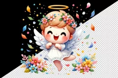 Watercolor cute angel with big smile dancing among flower petals print 20 oz tumbler skinny mug wrap clipart t-shirt sublimation printable design