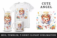 Watercolor cute angel with big smile dancing among flower petals print 20 oz tumbler skinny mug wrap clipart t-shirt sublimation printable design