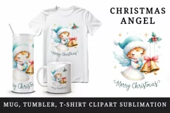 Watercolor cute angel with Christmas bells Merry Christmas quote print 20 oz tumbler skinny mug wrap clipart t-shirt sublimation printable design