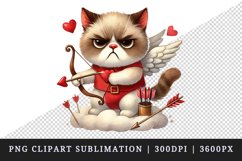 Watercolor cute angry grumpy cat Cupid holding bow and arrow Valentines Day love print clipart sublimation printable design png transparent background