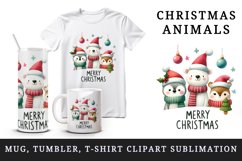 Watercolor cute animals festive hat scarve Merry Christmas quote print 20 oz tumbler skinny mug wrap clipart t-shirt sublimation printable design