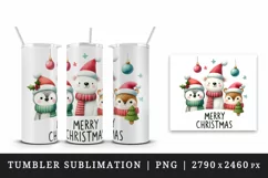 Watercolor cute animals festive hat scarve Merry Christmas quote print 20 oz tumbler skinny mug wrap clipart t-shirt sublimation printable design