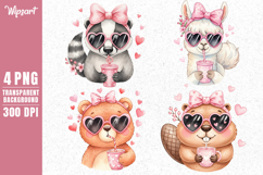 Watercolor Cute Animals with Pink Heart Drinks PNG