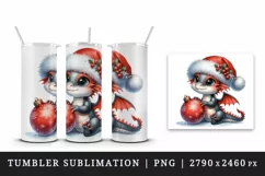 Watercolor cute baby dragon Santa hat gently holding Christmas bauble print 20 oz tumbler skinny mug wrap clipart t-shirt sublimation printable design