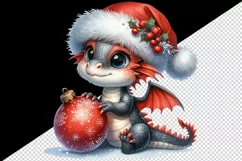 Watercolor cute baby dragon Santa hat gently holding Christmas bauble print 20 oz tumbler skinny mug wrap clipart t-shirt sublimation printable design