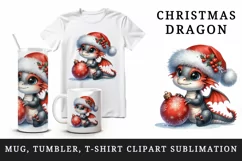 Watercolor cute baby dragon Santa hat gently holding Christmas bauble print 20 oz tumbler skinny mug wrap clipart t-shirt sublimation printable design