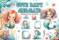 Watercolor cute baby mermaid illustration Product Image 1