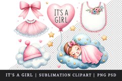 Watercolor cute Baby Shower its a girl quote pink bonnet bib lace trim balloon cloud stars clipart set and t-shirt sublimation printable design bundle