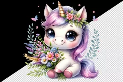 Watercolor cute baby unicorn big sparkling eyes bouquet wildflowers print 20 oz tumbler skinny mug wrap clipart t-shirt sublimation printable design