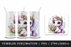 Watercolor cute baby unicorn big sparkling eyes bouquet wildflowers print 20 oz tumbler skinny mug wrap clipart t-shirt sublimation printable design