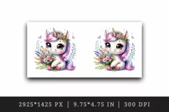 Watercolor cute baby unicorn big sparkling eyes bouquet wildflowers print 20 oz tumbler skinny mug wrap clipart t-shirt sublimation printable design