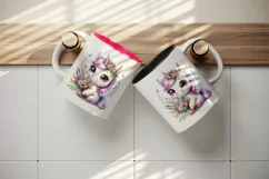 Watercolor cute baby unicorn big sparkling eyes bouquet wildflowers print 20 oz tumbler skinny mug wrap clipart t-shirt sublimation printable design