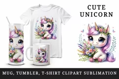 Watercolor cute baby unicorn big sparkling eyes bouquet wildflowers print 20 oz tumbler skinny mug wrap clipart t-shirt sublimation printable design