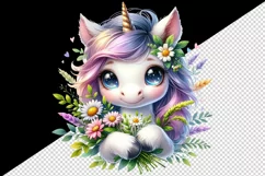 Watercolor cute baby unicorn big sparkling eyes holding bouquet of flowers print tumbler skinny mug wrap clipart t-shirt sublimation printable design